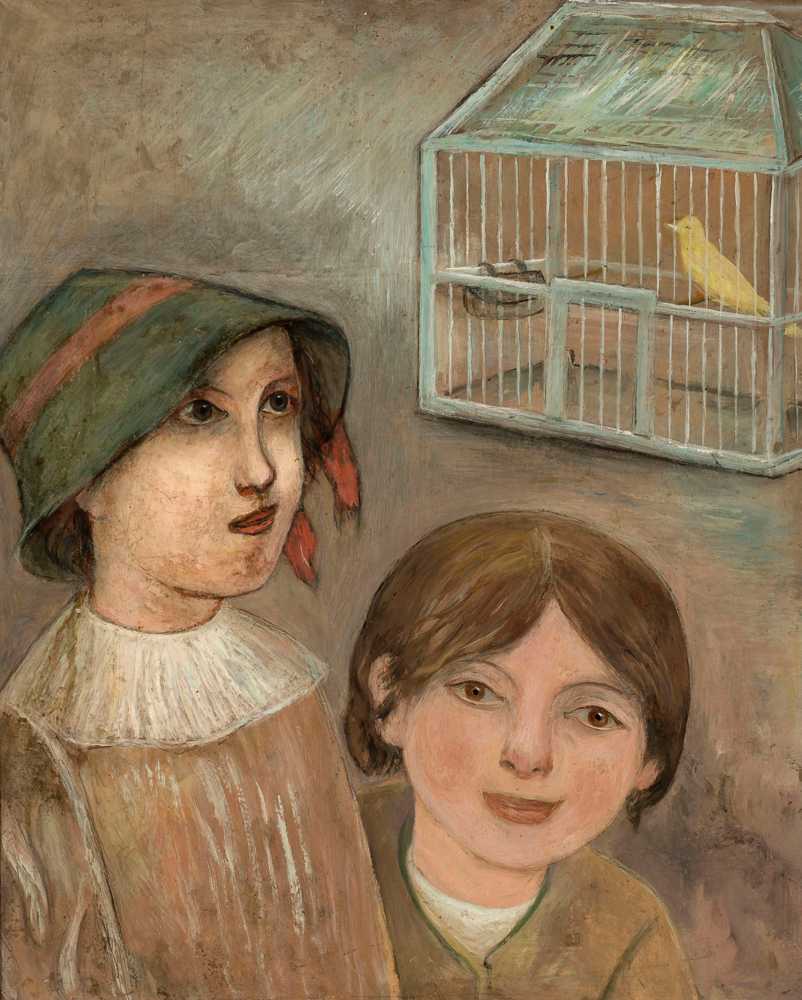 Two little girls beside a cage with a canary (1922) - Tadeusz Makowski