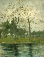 Two Trees Silhouetted Behind A Water Course (1900-02) - Piet Mondrian