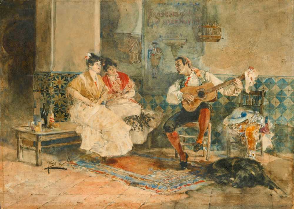 Two women in an interior listening to a guitarist (1887) - Sorolla