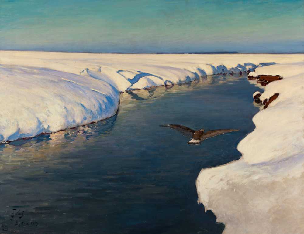 Winter landscape with a river and a bird (1913) - Julian Fałat
