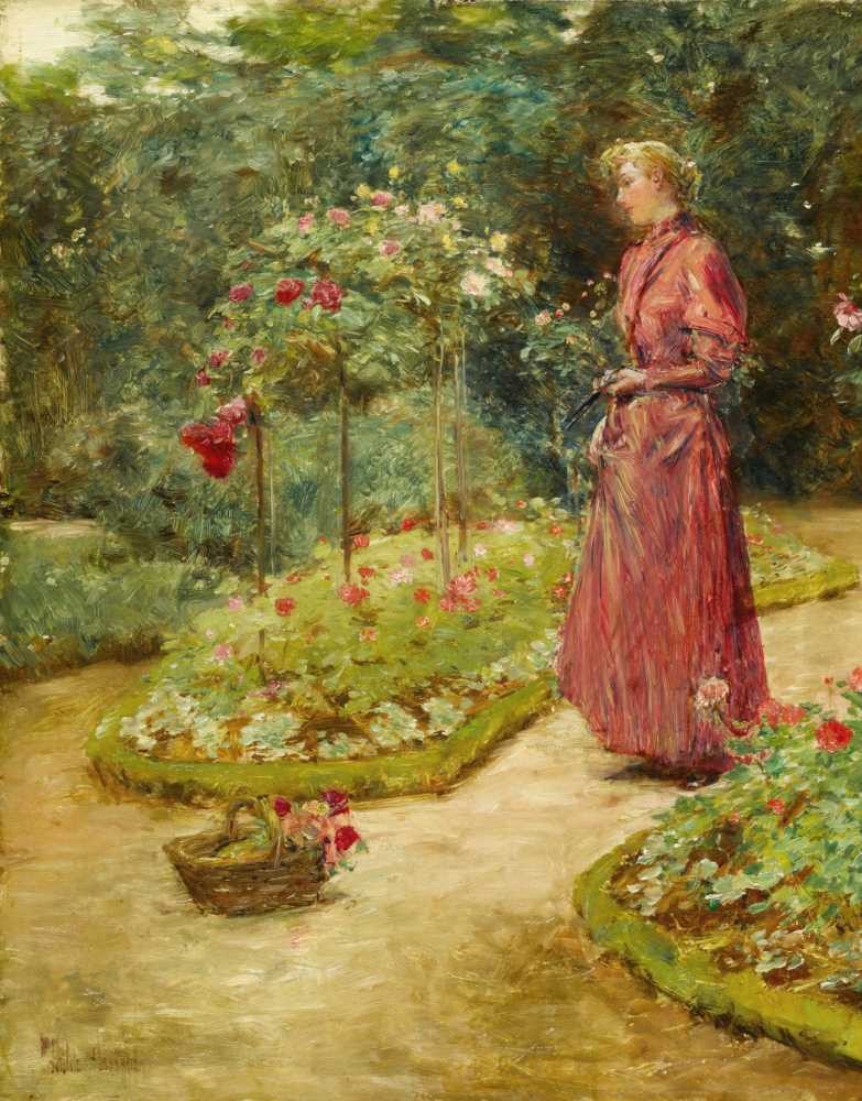 Woman cuts roses in a garden - Hassam