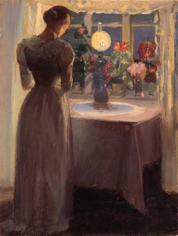 Young girl in front of a lighted lamp - Anna Ancher